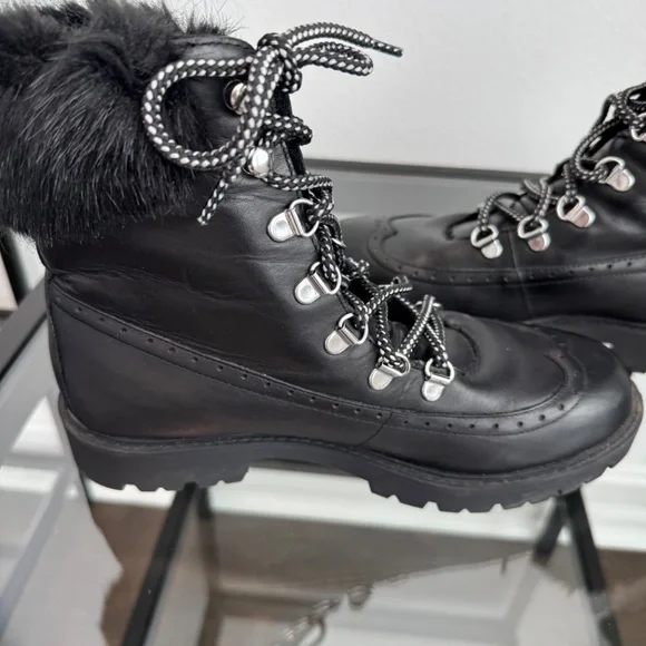 CHARLES DAVID Leather Black Combat Boots Faux Fur Trim Size 8 - Picture 10 of 14